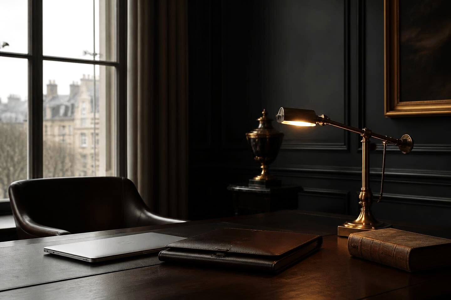 A private client desk with a laptop, leather folder and brass lamp