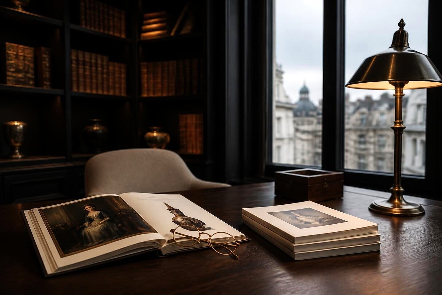 A reading desk at VALÉORINE, London, with an open printed guide, reading glasses and a stack of editorial pamphlets