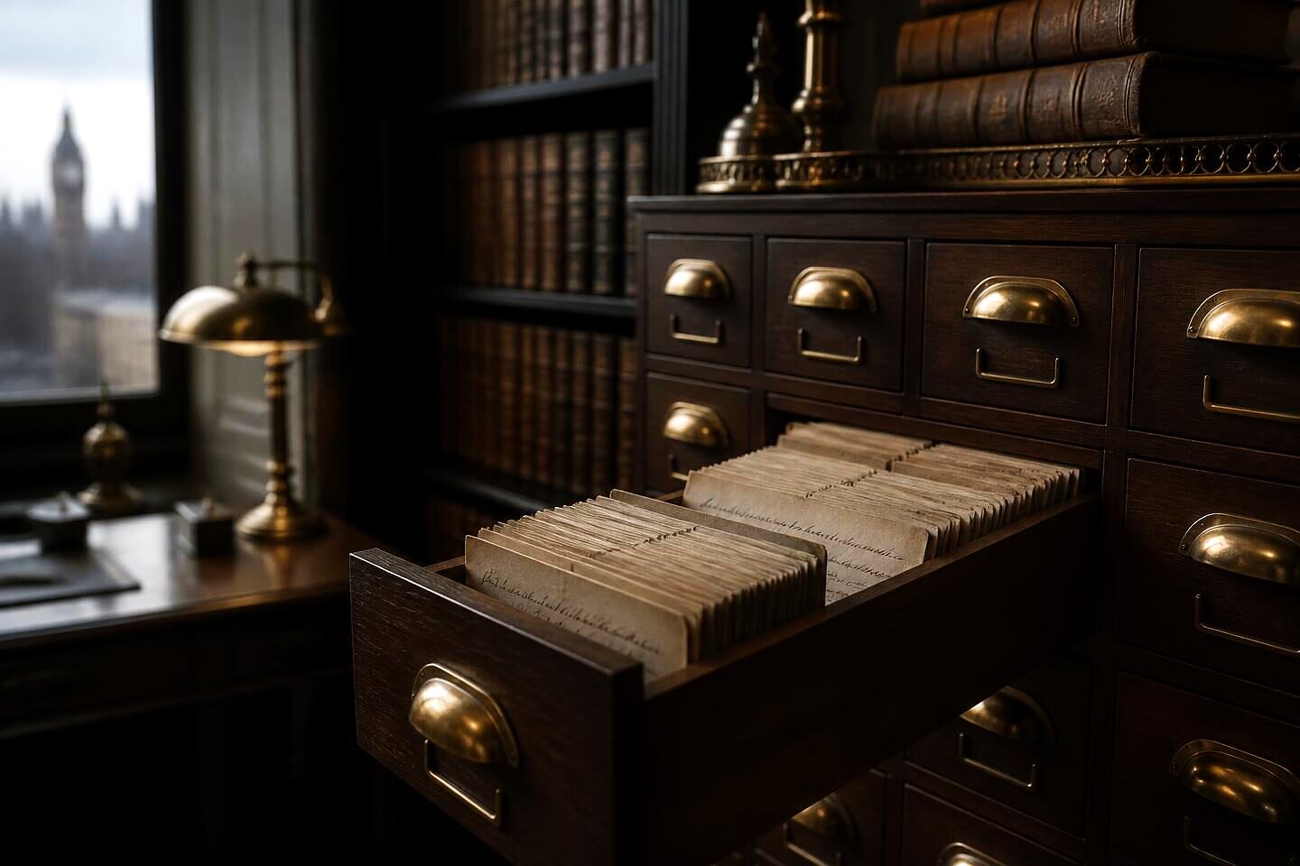 An oak card-index cabinet at VALÉORINE, London, one drawer open on handwritten reference cards