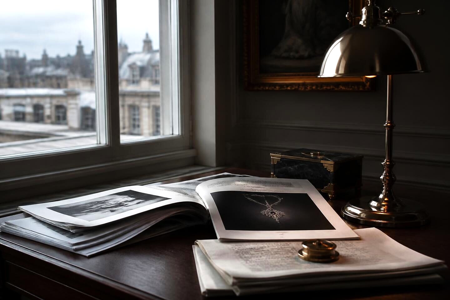 Printed proofs and a bulletin on a walnut desk beside a window at VALÉORINE, London
