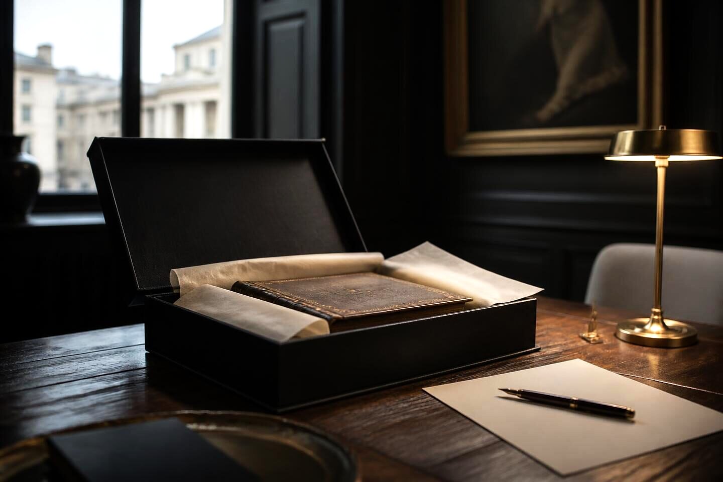 An archival linen box opened on an oak table beside a submission form at VALÉORINE, London