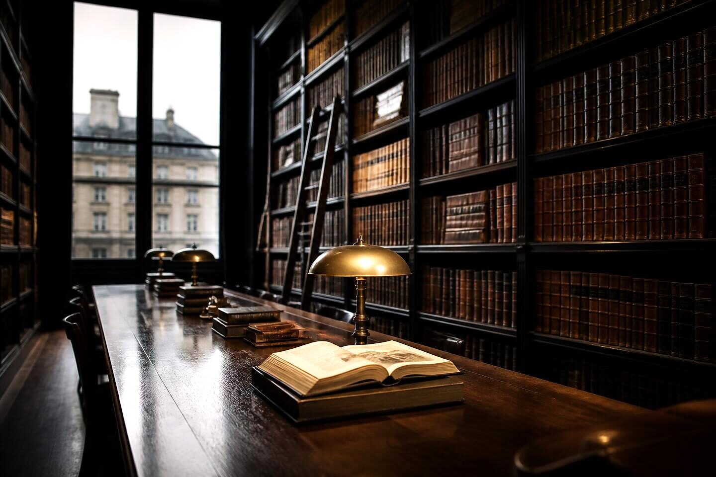 The reference library at VALÉORINE, London, with antiquarian bindings on an oak reading table