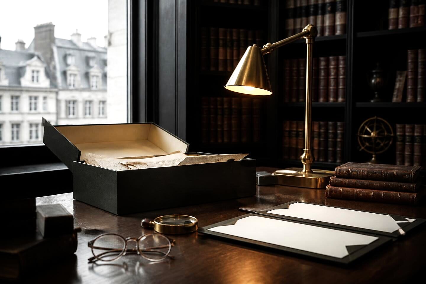 A specialist's desk at VALÉORINE, London, with a valuation report and an archival box of manuscripts