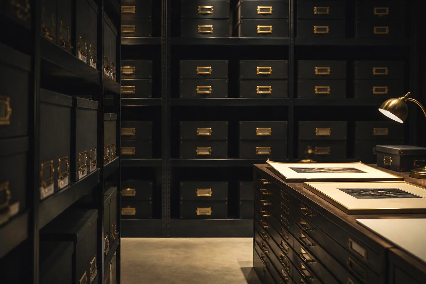 Secured archival storage with labelled linen boxes at VALÉORINE, London
