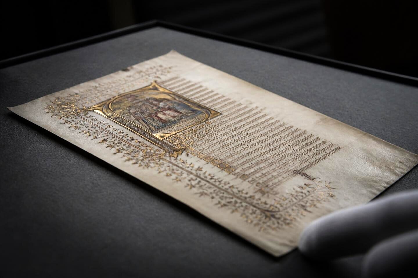 An illuminated manuscript leaf on vellum with a gilded initial, resting on grey felt