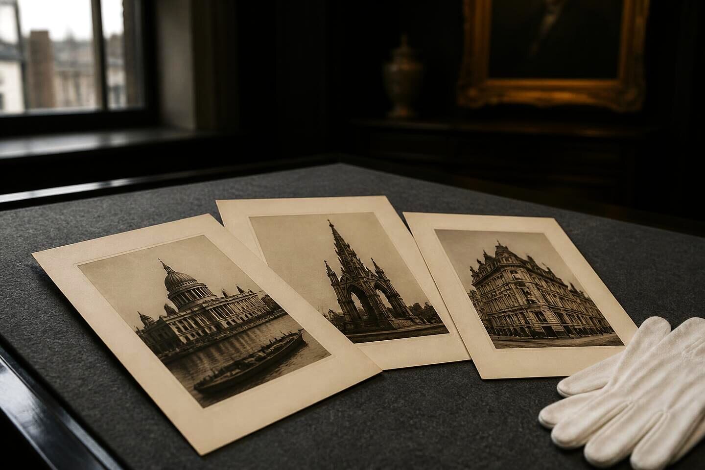 Nineteenth-century albumen photographic prints mounted on card beside a cotton glove