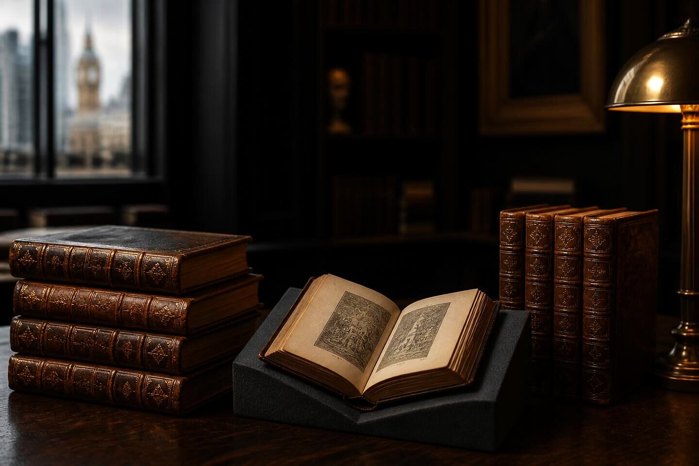 Eighteenth-century calf-bound quarto volumes with gilt spines, one open on a foam cradle