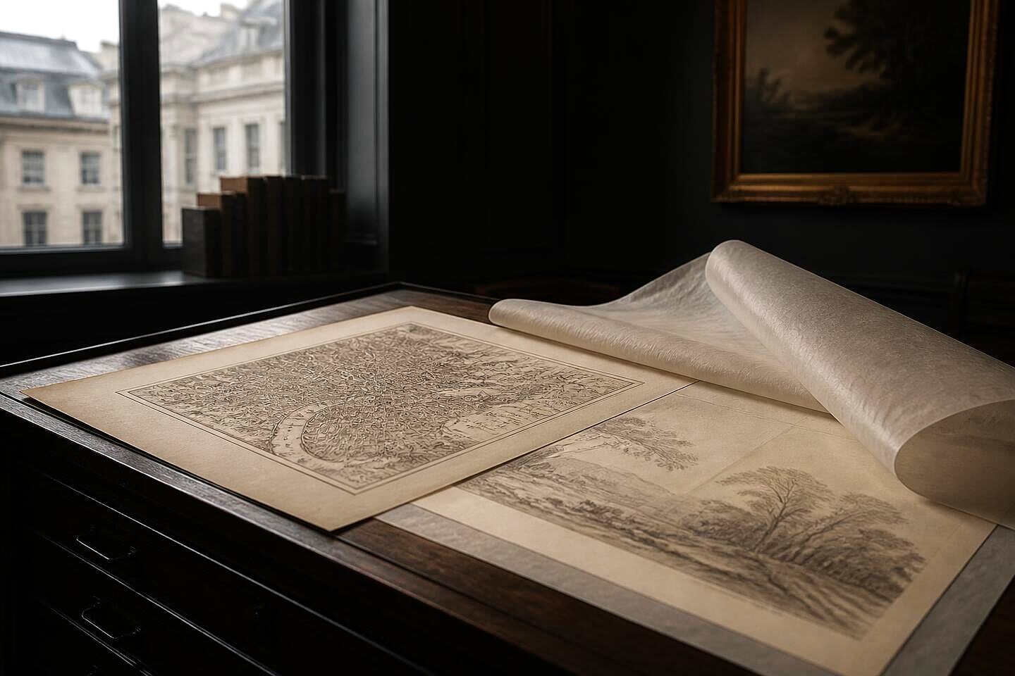 An engraved map and a pencil landscape study laid flat with archival interleaving tissue